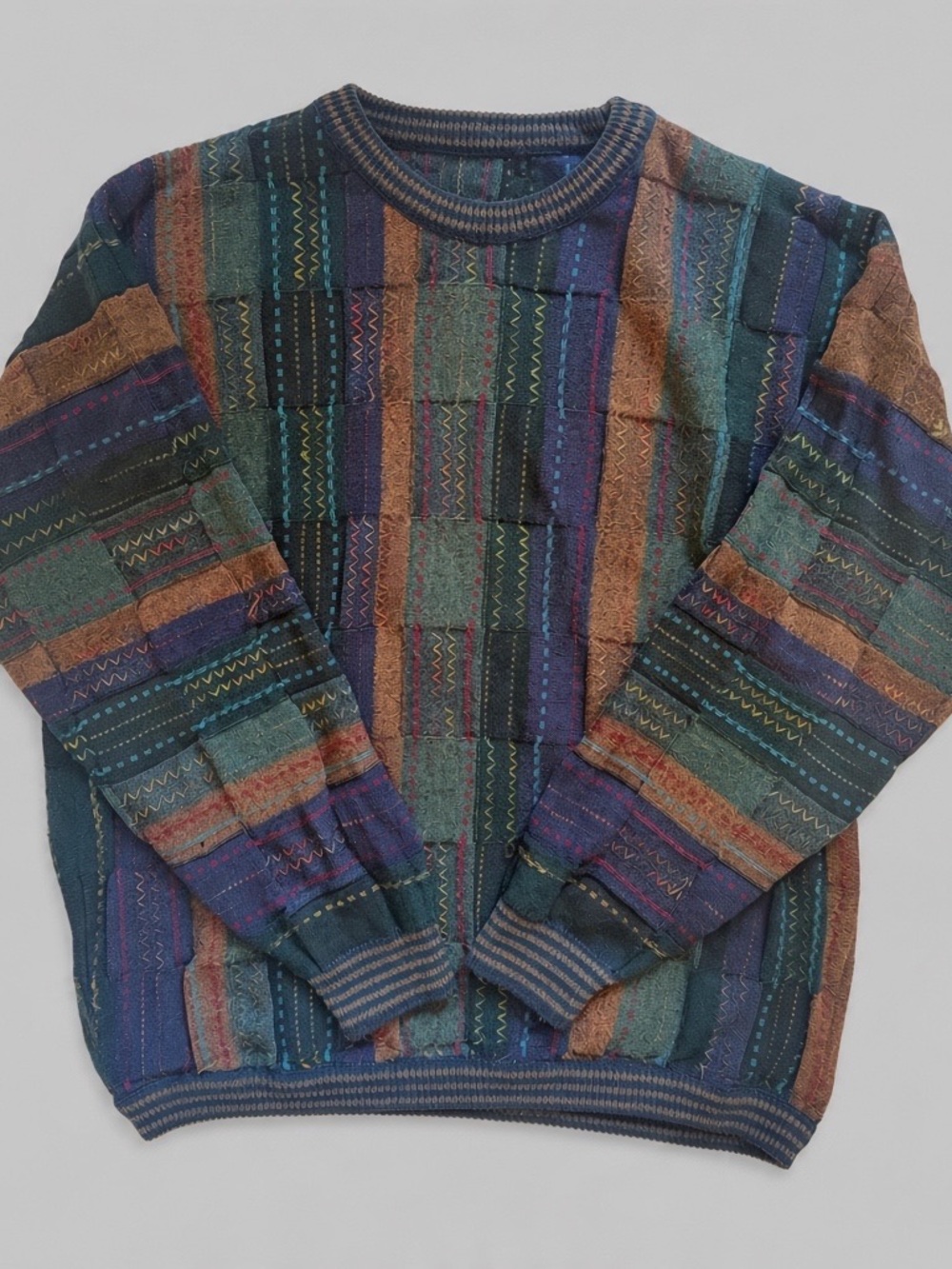 Vintage 90s Patchwork Crewneck Knit Sweater Earth Tones Dark Academia Retro L/XL